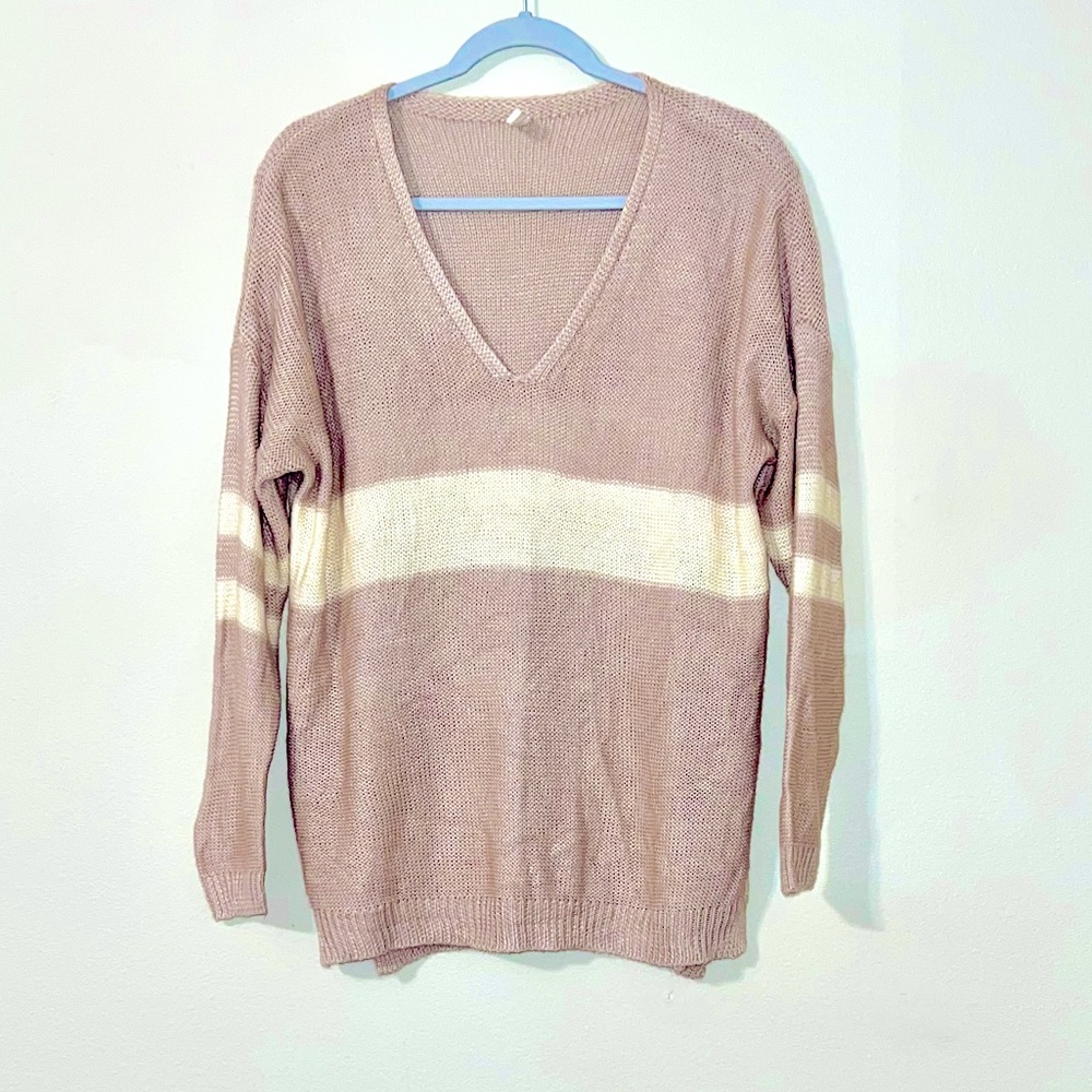 Light Pink and Cream Varsity V-neck Knit Sweater - size Small/Medium